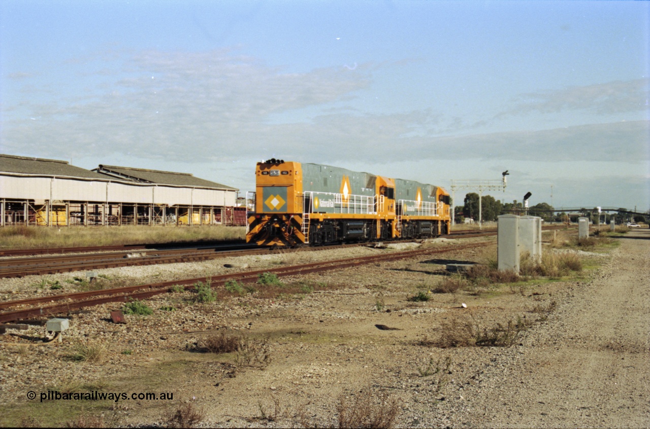 200-27
Midland, newly built Goninan GE model Cv40-9i NR class units NR 102 serial 7250-07/97-302 and NR 101 serial 7250-07/97-303 are conducting light engine trials prior to delivery to National Rail, 0931 hrs 24th June 1997.
Keywords: NR-class;NR102;Goninan;GE;CV40-9i;7250-07/97-302;