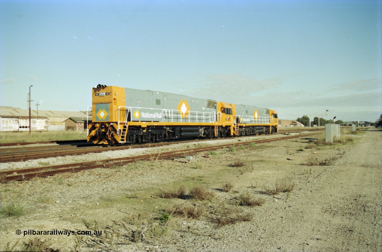 200-28
Midland, newly built Goninan GE model Cv40-9i NR class units NR 102 serial 7250-07/97-302 and NR 101 serial 7250-07/97-303 are conducting light engine trials prior to delivery to National Rail, 0931 hrs 24th June 1997.
Keywords: NR-class;NR102;Goninan;GE;CV40-9i;7250-07/97-302;