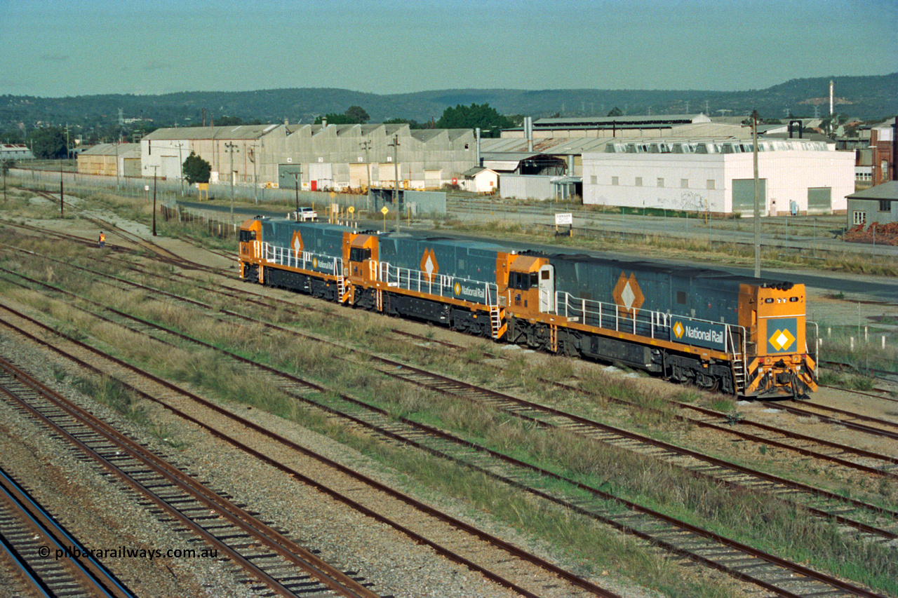 201-04
Midland, the first Perth built NR class NR 61 Goninan GE model Cv40-9i serial 7250-11/96-263 shunts at Midland with two brand new NR units.
Keywords: NR-class;NR61;Goninan;GE;CV40-9i;7250-11/96-263;