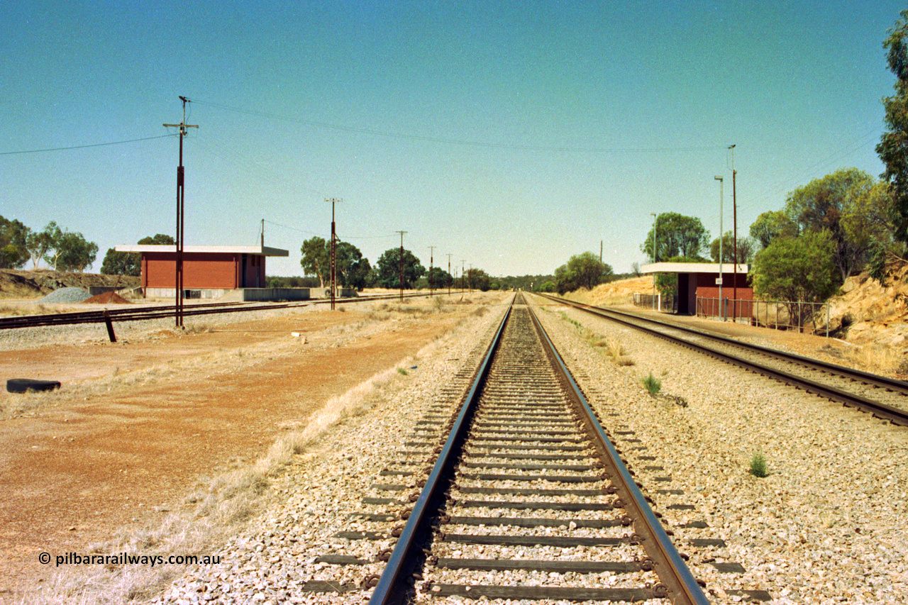 202-04
Meckering, looking east on the crossing loop, goods shed and sidings at left, station building at right.
