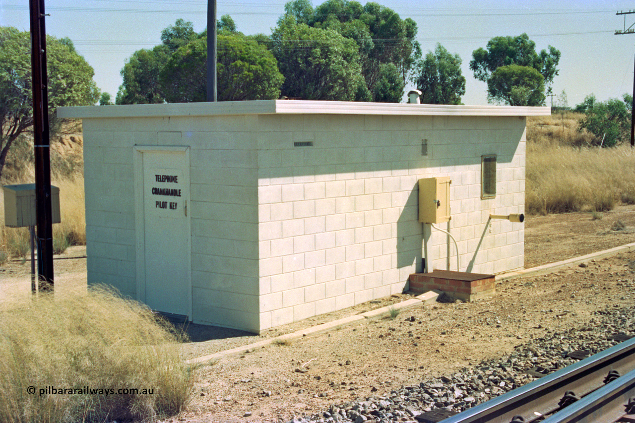 202-08
Meckering, relay interlocking room, exhaust can be seen through wall, door is marked for Telephone, Crankhandle and Pilot Key.
