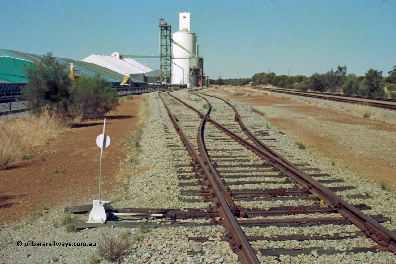 202-15
Meckering, looking east with the points for the hand operated non-interlocked points for the goods loop, grain siding continues on the left skirting the bunker and heading under the silo loading spout, while the goods loop bypasses the silos.
