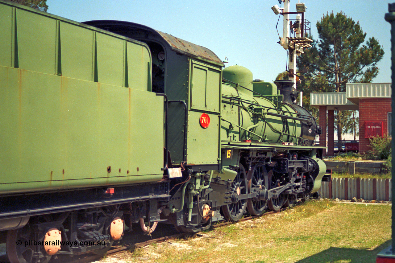 208-1-03
Bassendean, Rail Heritage WA Museum, exhibit #15, Pm class Pacific 4-6-2 steam engine Pm 701, class leader of thirty five such units built by North British Locomotive Co. Introduced in 1950, the class lasted until 1971.
