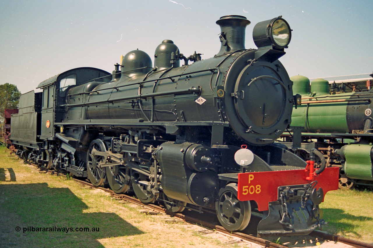 208-1-05
Bassendean, Rail Heritage WA Museum, exhibit #5, P class Pacific 4-6-2 steam engine P 508, one of ten superheated units built by North British Locomotive Co. in 1923 and entered service as P 448 in 1925, it was renumbered P 508 in 1947 and was withdrawn in 1968 and condemned in 1969 being finally donated to the Museum in 1971.
