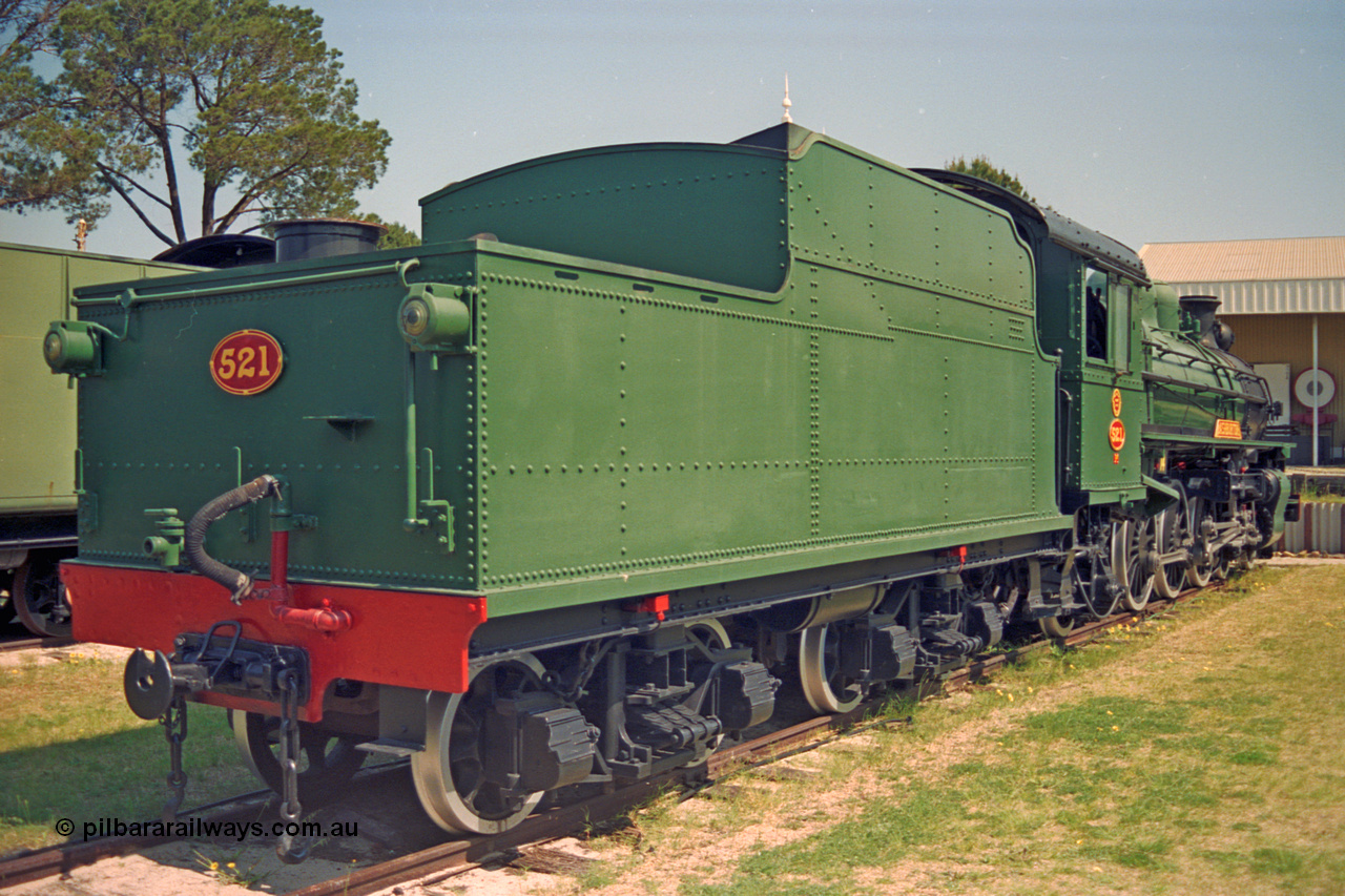 208-1-06
Bassendean, Rail Heritage WA Museum, exhibit #14, Pr class Pacific 4-6-2 steam engine Pr 521 'Ashburton', one of ten units built by WAGR Midland Workshops in 1937 as class leader Pr 138 'Ashburton' and renumbered to 521 in 1946. Pr 521 'Ashburton' was also the first of the class to be withdrawn in 1969 and then condemned in 1970 and donated to the Museum in 1971.
