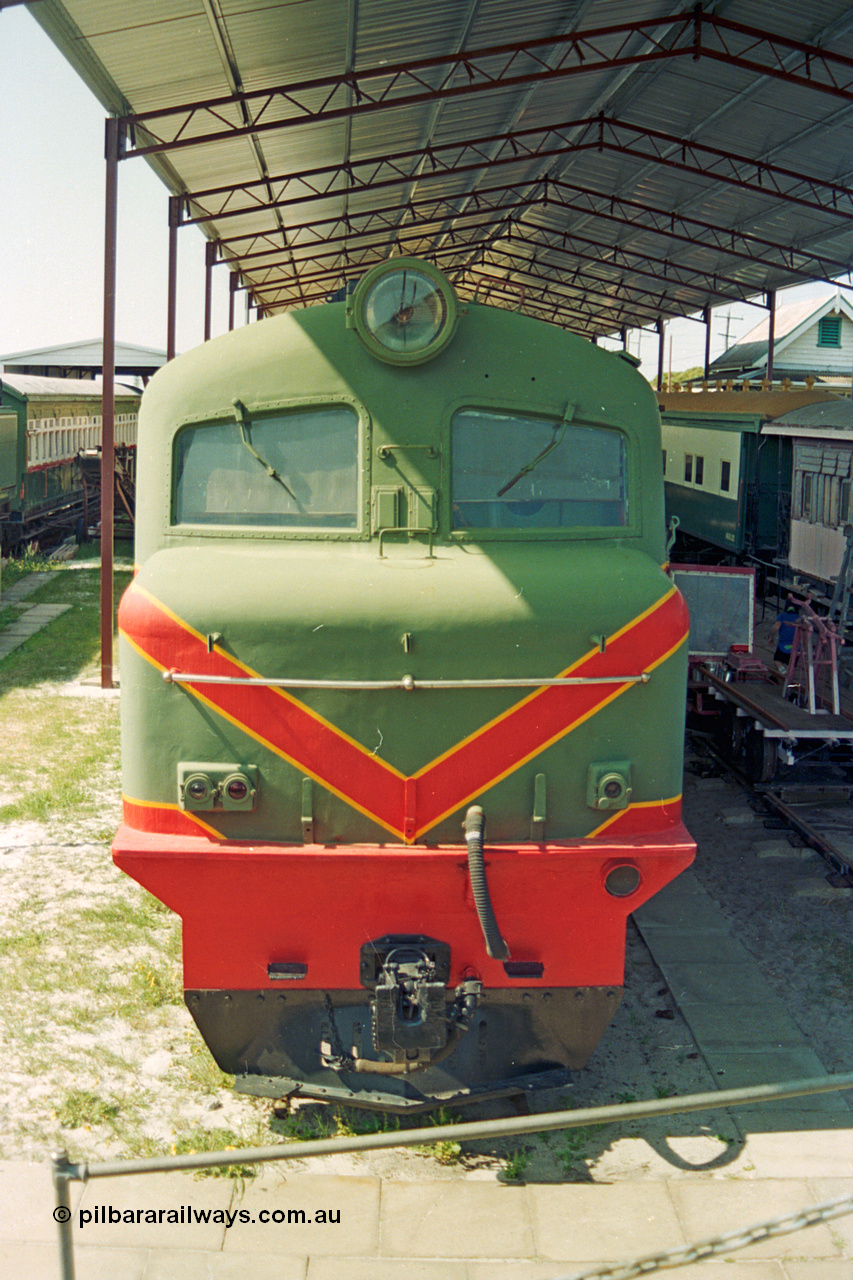 208-1-09
Bassendean, Rail Heritage WA Museum, exhibit #, X class leader diesel electric unit X 1001 'Yalagonga' which employed an 2-DO-2 wheel arrangement with 1200 horse power from a Crossley V8 two stroke diesel prime mover.
