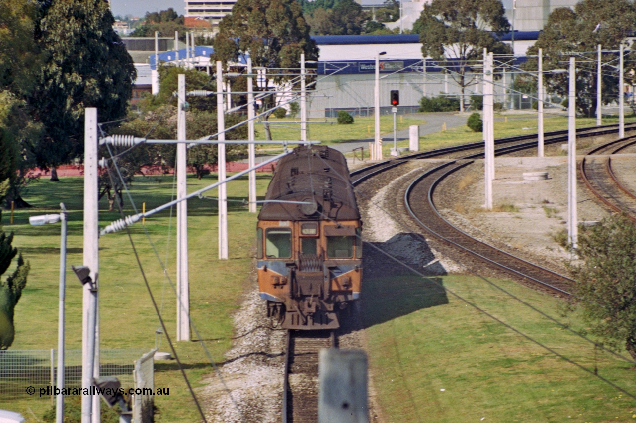 208-2-10
East Perth, narrow gauge Trans Perth two car set with Cravens of Sheffield, England built ADG class on the rear of a Perth bound service.
