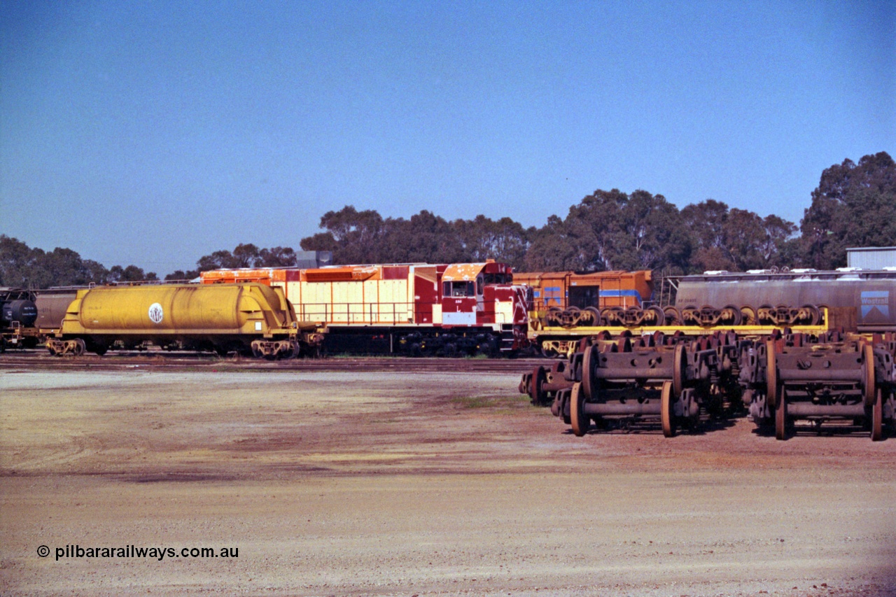 208-2-27
Midland Workshops, Westrail L class L 255 a Clyde Engineering EMD model GT26C, serial 67-545 under overhaul surrounded by various rollingstock including the WSL 30650 bogie transport waggon which was built for this task in 1977 at Midland Workshops.
Keywords: L-class;L255;Clyde-Engineering-Granville-NSW;EMD;GT26C;67-545;WSL-type;WSL30650;