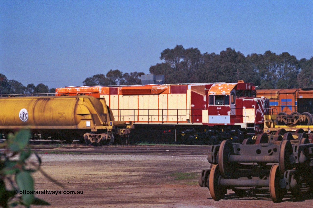 208-2-29
Midland Workshops, Westrail L class L 255 a Clyde Engineering EMD model GT26C, serial 67-545 under overhaul surrounded by various rollingstock including the WSL 30650 bogie transport waggon which was built for this task in 1977 at Midland Workshops.
Keywords: L-class;L255;Clyde-Engineering-Granville-NSW;EMD;GT26C;67-545;WSL-type;WSL30650;