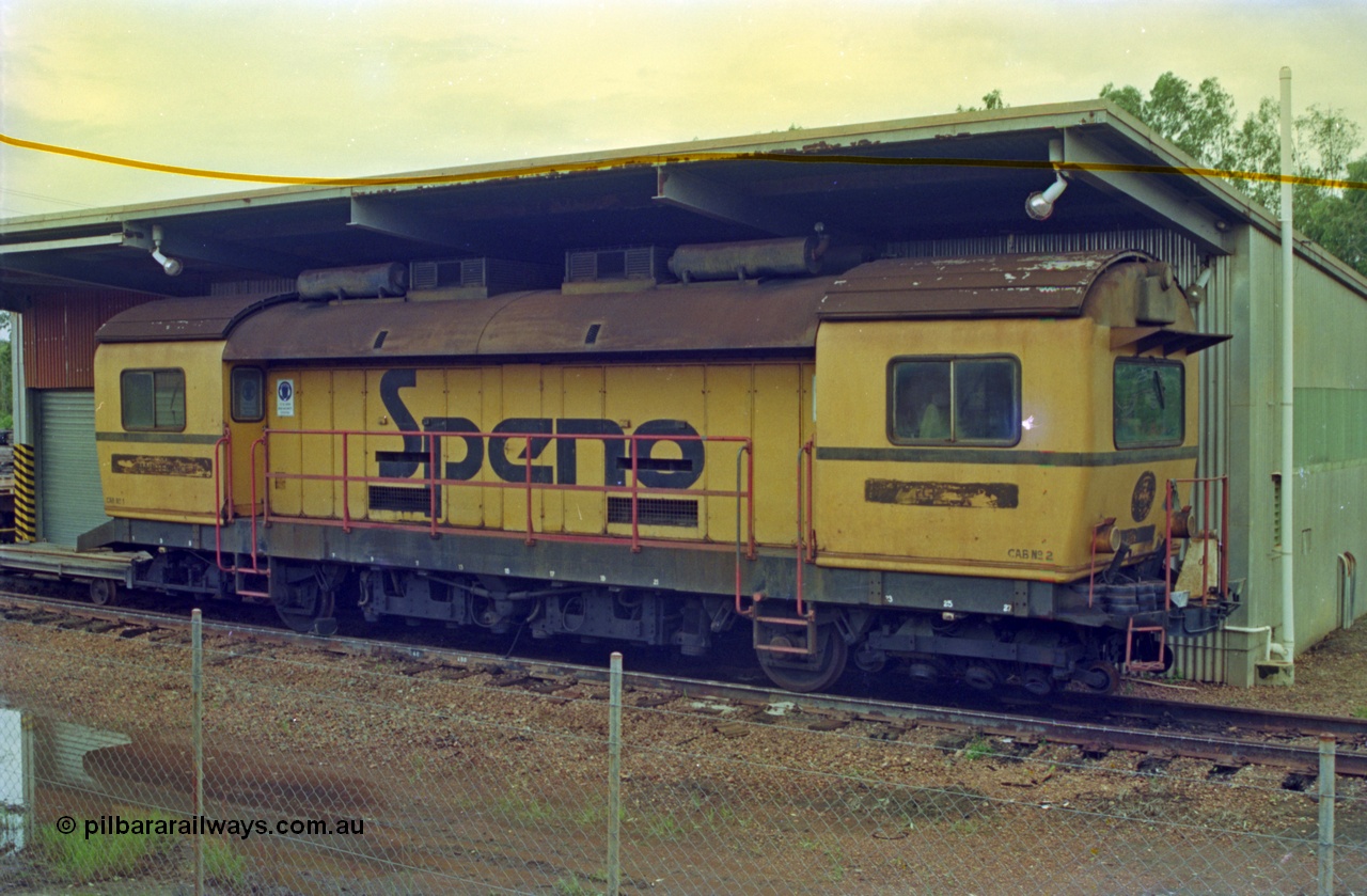 210-14
Weipa, Lorim Point railway workshops track maintenance compound, Speno rail grinder model RR 28E, a twenty eight wheel grinder, this unit is very likely to have been originally used by Mt Newman Mining in the Pilbara in the 1970s. Even a 20 km remote railway requires a grinder! September 1995.
Keywords: Speno;RR-28E;track-machine;Comalco;