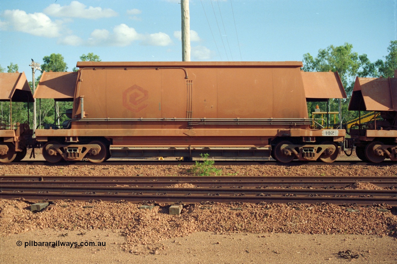 213-09
Weipa, Lorim Point, side view of an HMAS type ore waggon 102, one of thirty such waggons built by Industrial Engineering in Qld in 1978 these bottom discharge hoppers are constructed from aluminium.
Keywords: HMAS-type;Industrial-Eng;Comalco;