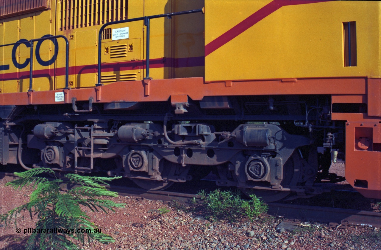 213-29
Weipa, view of tri-mount bogie on Comalco R 1004, Clyde Engineering built EMD model JT42C built 1990 serial 90-1277, note the difference this and the [url=http://pilbararailways.com.au/gallery/displayimage.php?pid=595]V/Line N class bogie[/url] used in passenger service.
Keywords: R1004;Clyde-Engineering-Kelso-NSW;EMD;JT26C;90-1277;Comalco;GML10;Cinderella;GML-class;