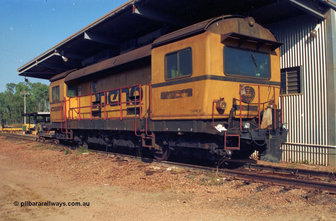 213-30
Weipa, Lorim Point railway workshops track maintenance compound, Speno rail grinder model RR 28E, a twenty eight wheel grinder, this unit is very likely to have been originally purchased by Mt Newman Mining and used in the Pilbara in the 1970s. Even a remote railway requires a grinder! September 1995.
Keywords: Speno;RR-28E;track-machine;Comalco;
