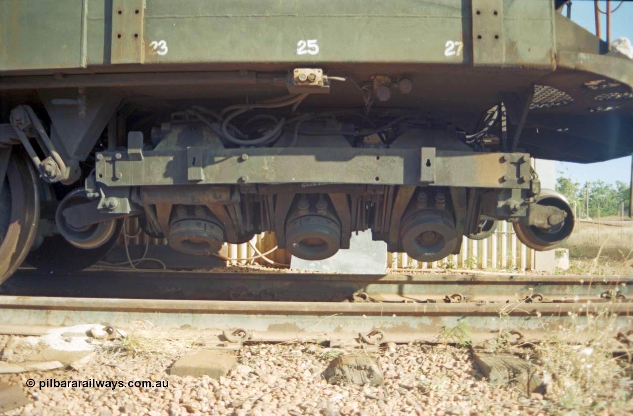 213-31
Weipa, Lorim Point railway workshops track maintenance compound, Speno rail grinder model RR 28E, a twenty eight wheel grinder, this unit very likely was originally purchased by Mt Newman Mining and used in the Pilbara in the 1970s. Even a 30 km remote railway requires a grinder! September 1995.
Keywords: Speno;RR-28E;track-machine;Comalco;