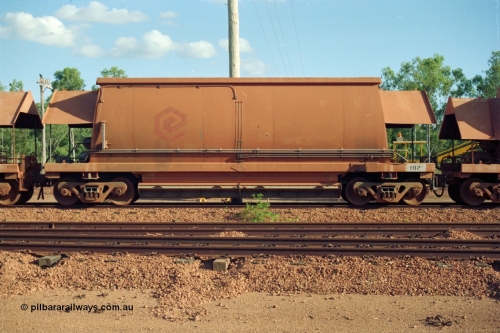 213-09
Weipa, Lorim Point, side view of an HMAS type ore waggon 102, one of thirty such waggons built by Industrial Engineering in Qld in 1978 these bottom discharge hoppers are constructed from aluminium.
Keywords: HMAS-type;Industrial-Eng;Comalco;