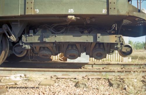 213-31
Weipa, Lorim Point railway workshops track maintenance compound, Speno rail grinder model RR 28E, a twenty eight wheel grinder, this unit very likely was originally purchased by Mt Newman Mining and used in the Pilbara in the 1970s. Even a 30 km remote railway requires a grinder! September 1995.
Keywords: Speno;RR-28E;track-machine;Comalco;