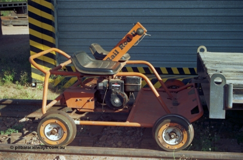 213-32
Weipa, Lorim Point track maintenance compound, gangers trolley, a Briggs and Stratton powered Rail Rod II. September 1995.
Keywords: Rail-Rod-II;Comalco;