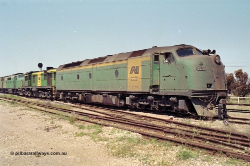 215-12
Peterborough, an SP Perth bound service crosses Sliver Street behind the AN liveried quad combination of Clyde Engineering EMD model AT26C CL class Bulldog CL 11 serial 71-739 which in later life became CLF 2, ALCo model DL541 600 class 605 serial G6015/04 which went on to become , and EMD model A16C GM class Bulldog units GM 43 serial 67-529 and GM 46 serial 67-532.
Keywords: CL-class;600-class;GM-class;CL11;605;GM43;GM46;bulldog;AT26C;DL541;71-739;G6015-4;AE-Goodwin;ALCo;EMD;Clyde-Engineering-Granville-NSW;A16C;67-529;67-532;