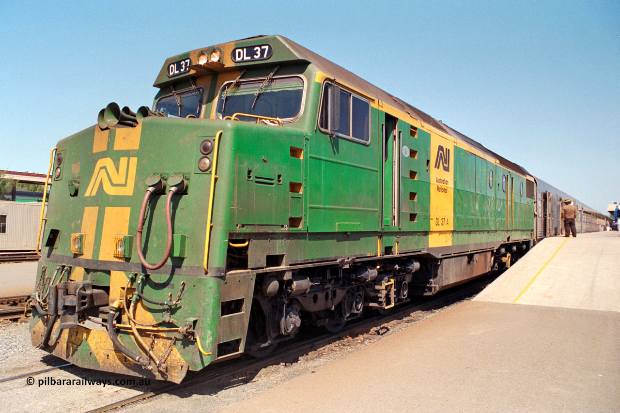 217-02
Keswick Passenger Terminal, Australian National DL class locomotive DL 37 Clyde Engineering EMD model AT42C serial 88-1245 on the pointy end of 'The Ghan' as departure time approaches.
Keywords: DL-class;DL37;Clyde-Engineering-Kelso-NSW;EMD;AT42C;88-1245;