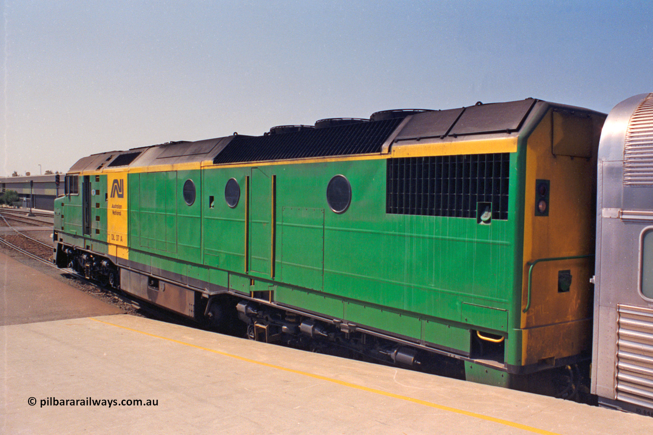 217-06
Keswick Passenger Terminal, Australian National DL class locomotive DL 37 Clyde Engineering EMD model AT42C serial 88-1245, trailing view of loco.
Keywords: DL-class;DL37;Clyde-Engineering-Kelso-NSW;EMD;AT42C;88-1245;