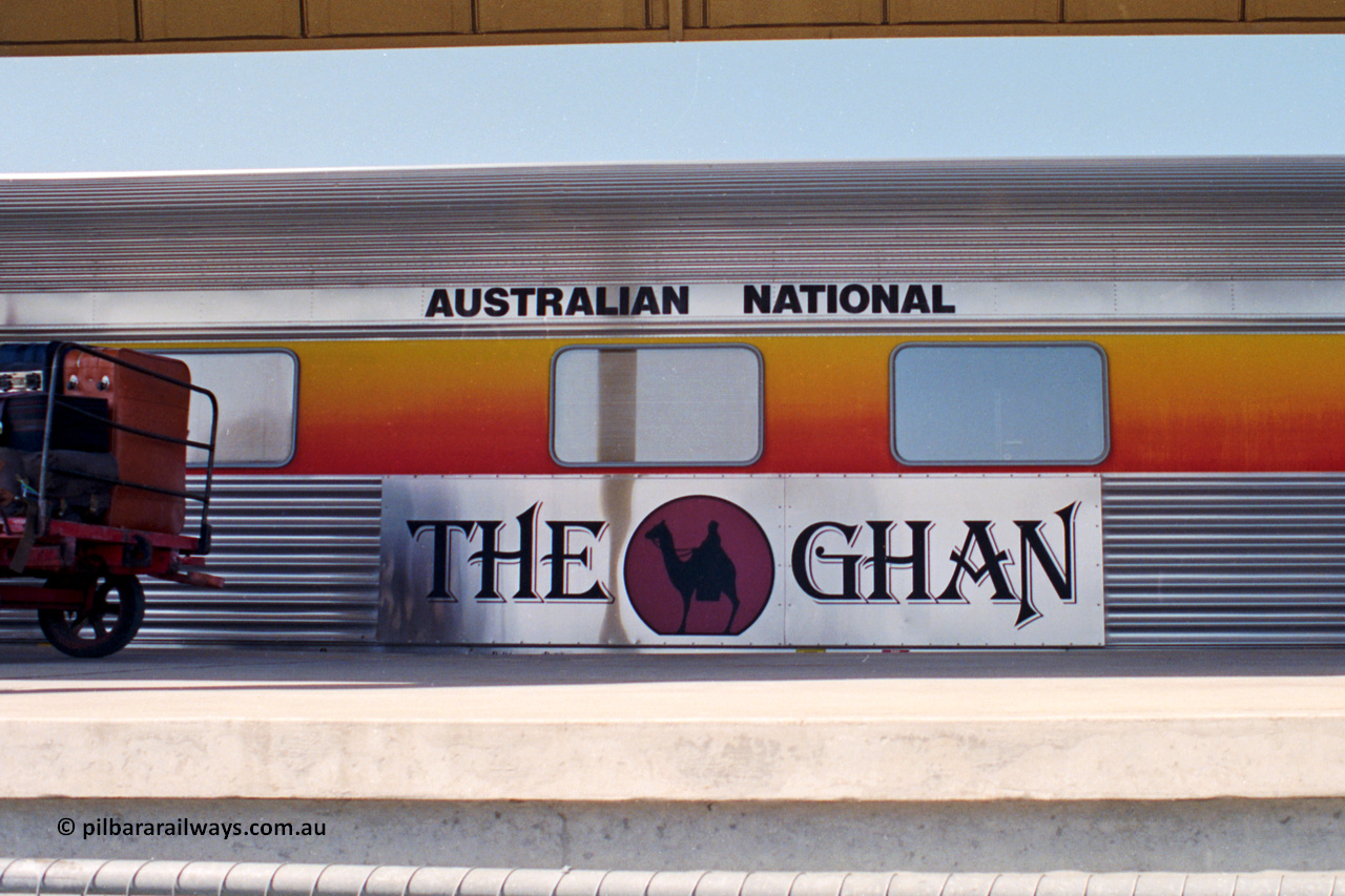 217-08
Keswick Terminal, logo on the side of passenger coach as part of 'The Ghan' consist from Adelaide to Alice Springs.
