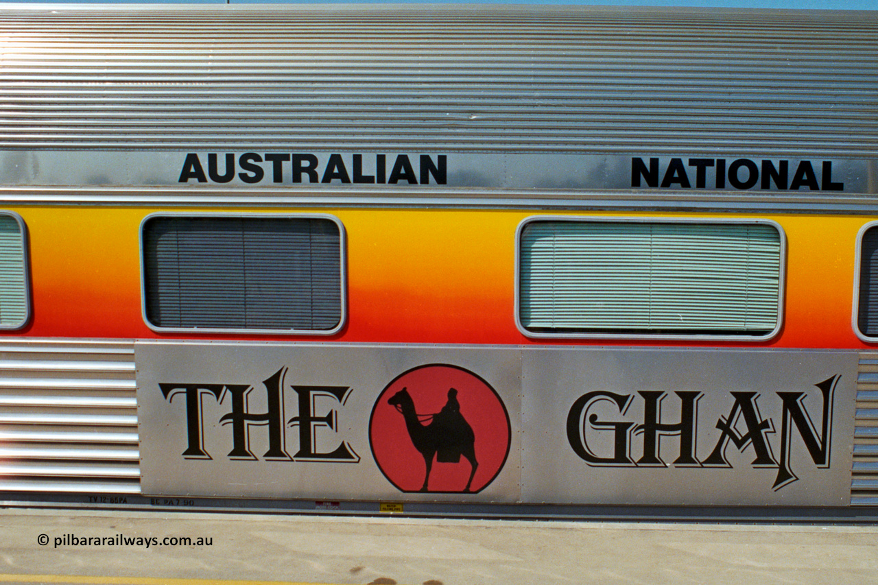 217-09
Keswick Terminal, logo on the side of passenger coach as part of 'The Ghan' consist from Adelaide to Alice Springs.
