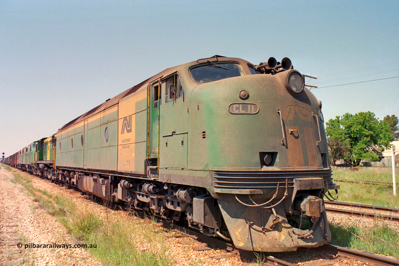 217-13
Peterborough, an SP Perth bound service awaiting line clear behind the AN liveried quad combination of CL class Bulldog CL 11 Clyde Engineering EMD model AT26C serial 71-739, 600 class 605 AE Goodwin ALCo model DL541 serial G6015-4, and GM class Bulldogs GM 43 Clyde Engineering EMD model A16C serial 67-529 and GM 46 serial 67-532.
Keywords: CL-class;CL11;Clyde-Engineering-Granville-NSW;EMD;AT26C;bulldog;