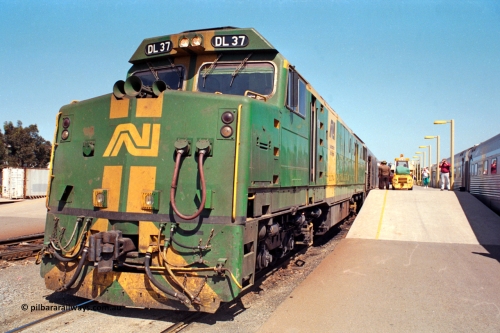 217-07
Keswick Passenger Terminal, Australian National DL class locomotive DL 37 Clyde Engineering EMD model AT42C serial 88-1245 on the pointy end of 'The Ghan' as departure time approaches.
Keywords: DL-class;DL37;Clyde-Engineering-Kelso-NSW;EMD;AT42C;88-1245;