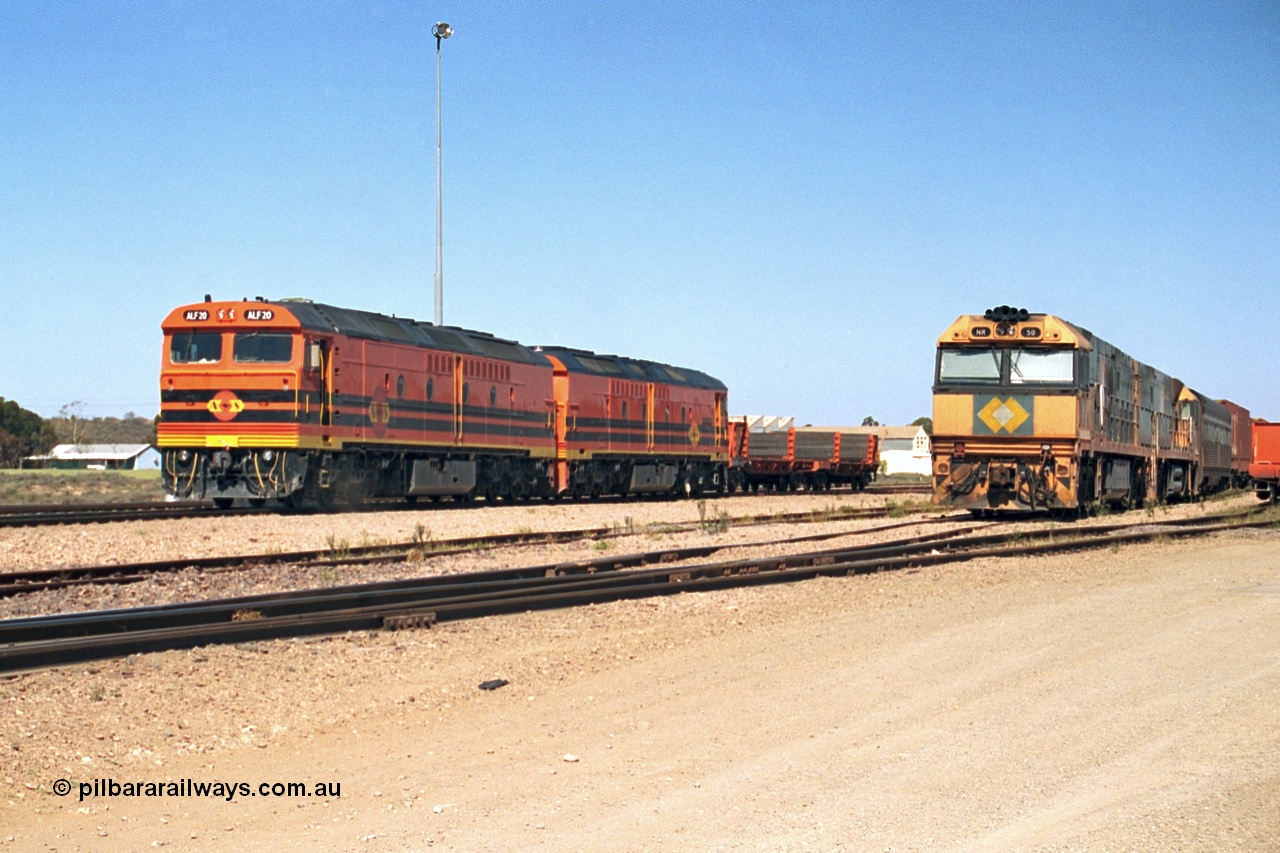 244-04
Port Augusta yard, a pair of ALF class units on the Darwin line construction shunt a rail transport waggon as an SP service wait for departure time with a pair of NR class units. ALF 20 and ALF 18 are both Morrison Knudsen rebuilds, model JT26C-2M serials 94-AN-020 and 94-AN-018.
Keywords: ALF-class;ALF18;ALF20;MKA;EMD;JT26C-2M;94-AN-018;94-AN-020;rebuild;AL-class;Clyde-Engineering;EMD;JT26C;