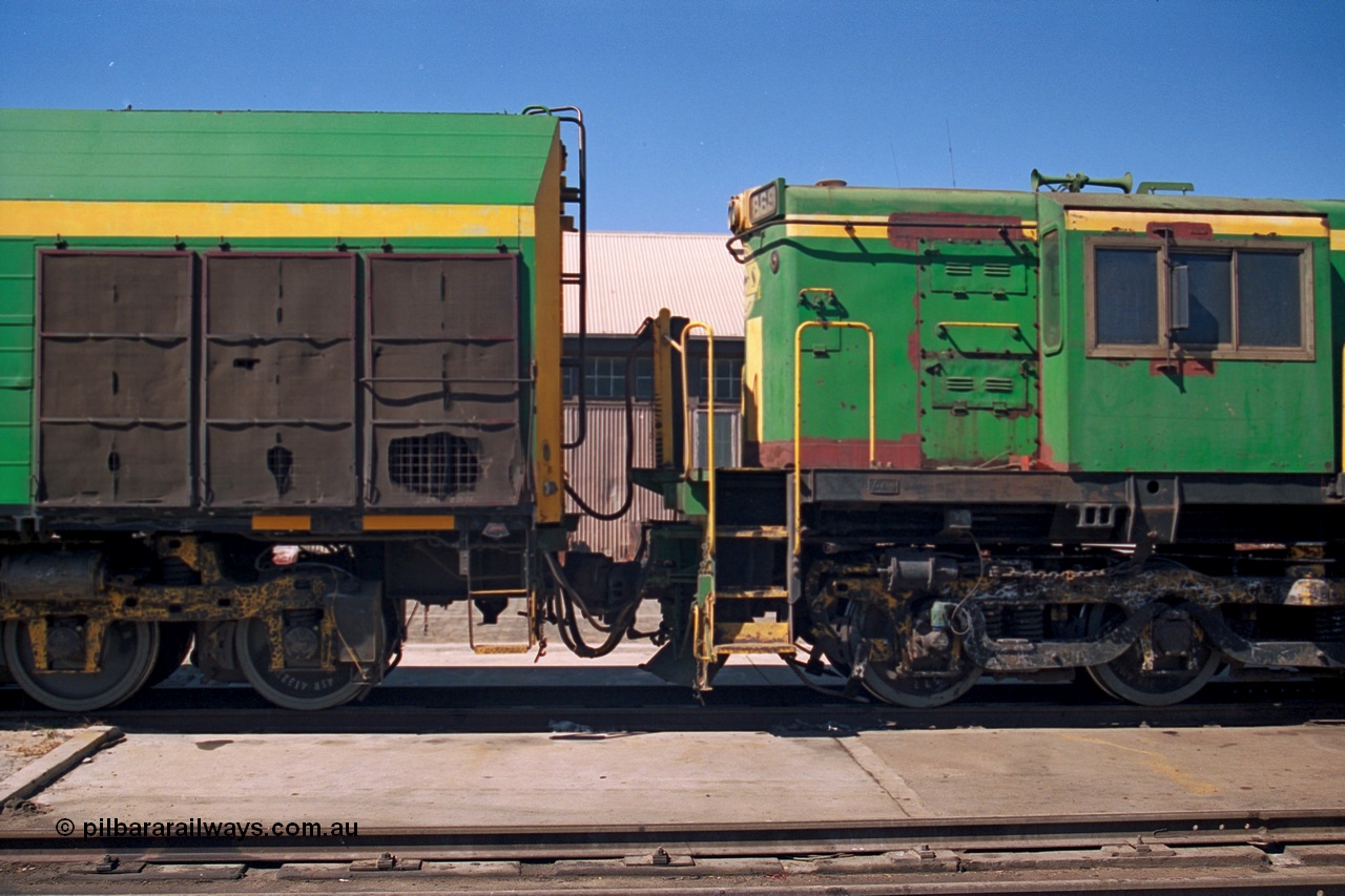 244-24
Port Lincoln loco workshops, still wearing the former owners AN livery, Australian Southern NJ class leader NJ 1 Clyde Engineering EMD model JL22C serial 71-728 coupled to 830 class 869 AE Goodwin ALCo model DL531 serial G6016-05. 6th April 2003.
Keywords: 830-class;869;AE-Goodwin;ALCo;DL531;G6016-5;