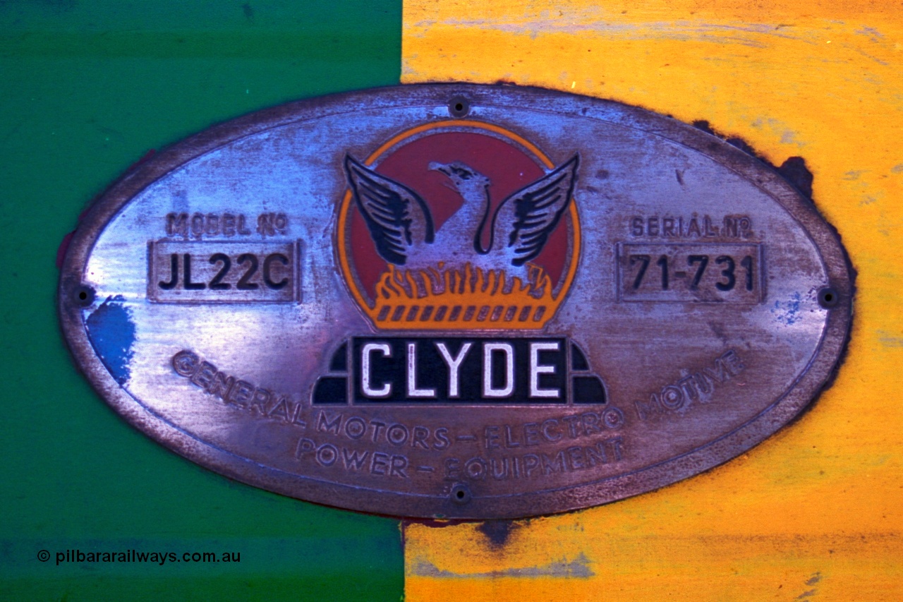 244-28
Port Lincoln loco workshops, builders plate for NJ class NJ 4 Clyde Engineering EMD model JL22C serial 71-731. 6th April 2003.
Keywords: NJ-class;NJ4;Clyde-Engineering-Granville-NSW;EMD;JL22C;71-731;