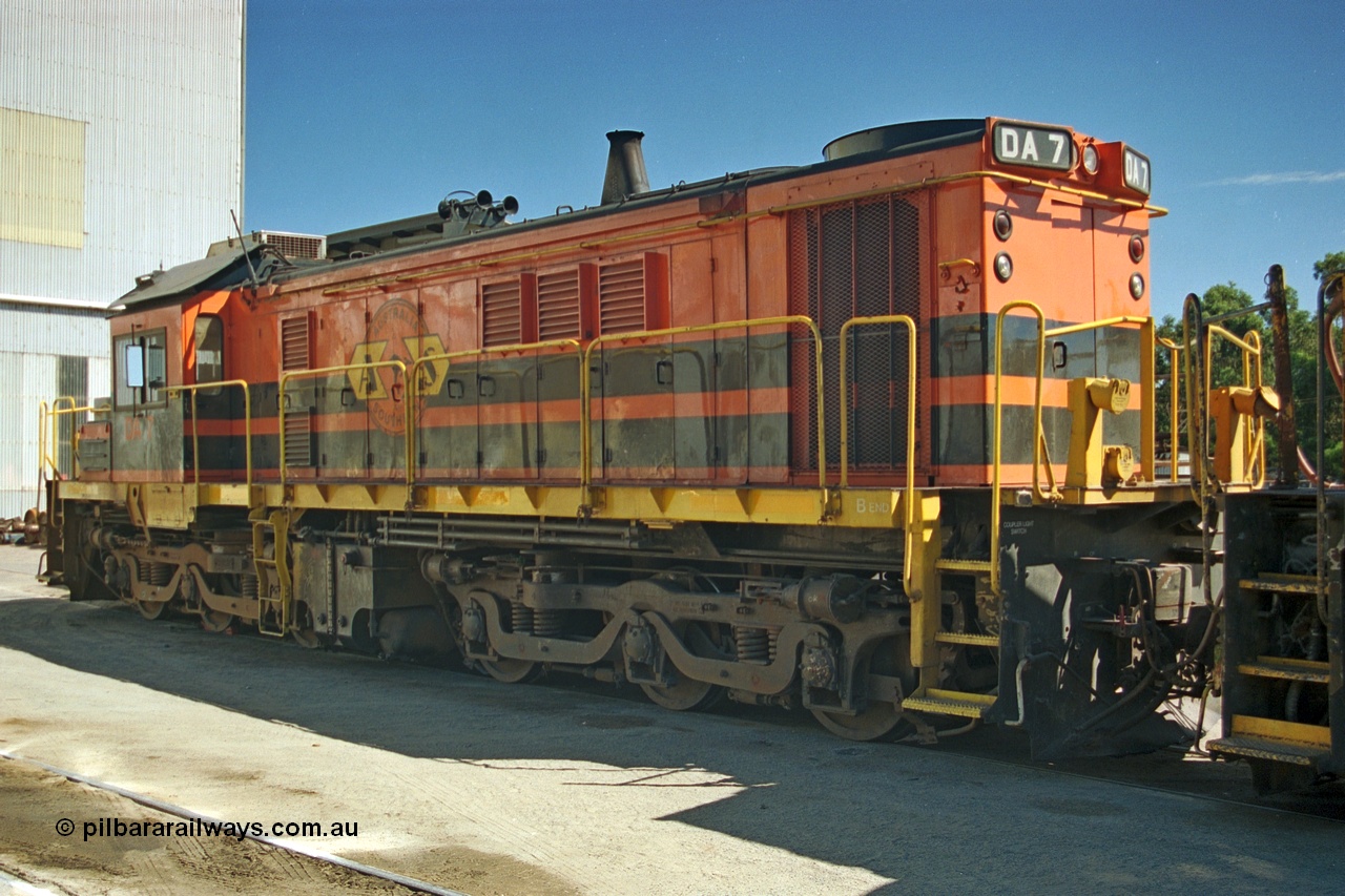 244-32
Port Lincoln loco workshops, wearing Australian Southern livery rebuild ALCo DA 7 started life as NSWGR 48 class 4813 AE Goodwin ALCo model DL531 serial 83713, rebuilt by Islington Workshops with long hood and parts from former 830 class 870 AE Goodwin ALCo model DL531 serial G6016-06 in 1998. B end roster view looking forward. 6th April 2003.
Keywords: DA-class;DA7;AE-Goodwin;ALCo;DL531;83713;rebuild;