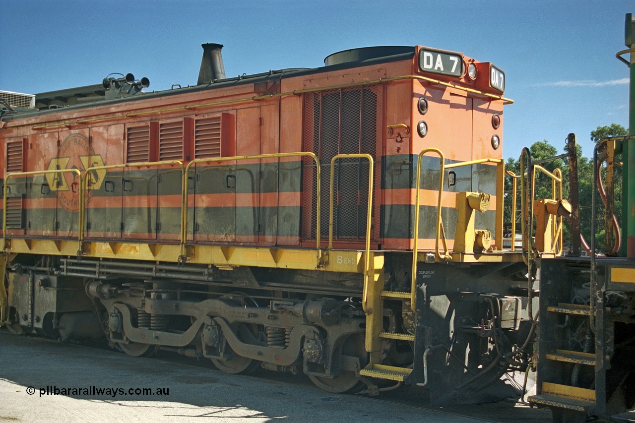 244-33
Port Lincoln loco workshops, wearing Australian Southern livery rebuild ALCo DA 7 started life as NSWGR 48 class 4813 AE Goodwin ALCo model DL531 serial 83713, rebuilt by Islington Workshops with long hood and parts from former 830 class 870 AE Goodwin ALCo model DL531 serial G6016-06 in 1998. B end roster view looking forward. 6th April 2003.
Keywords: DA-class;DA7;rebuild;AE-Goodwin;ALCo;83713;