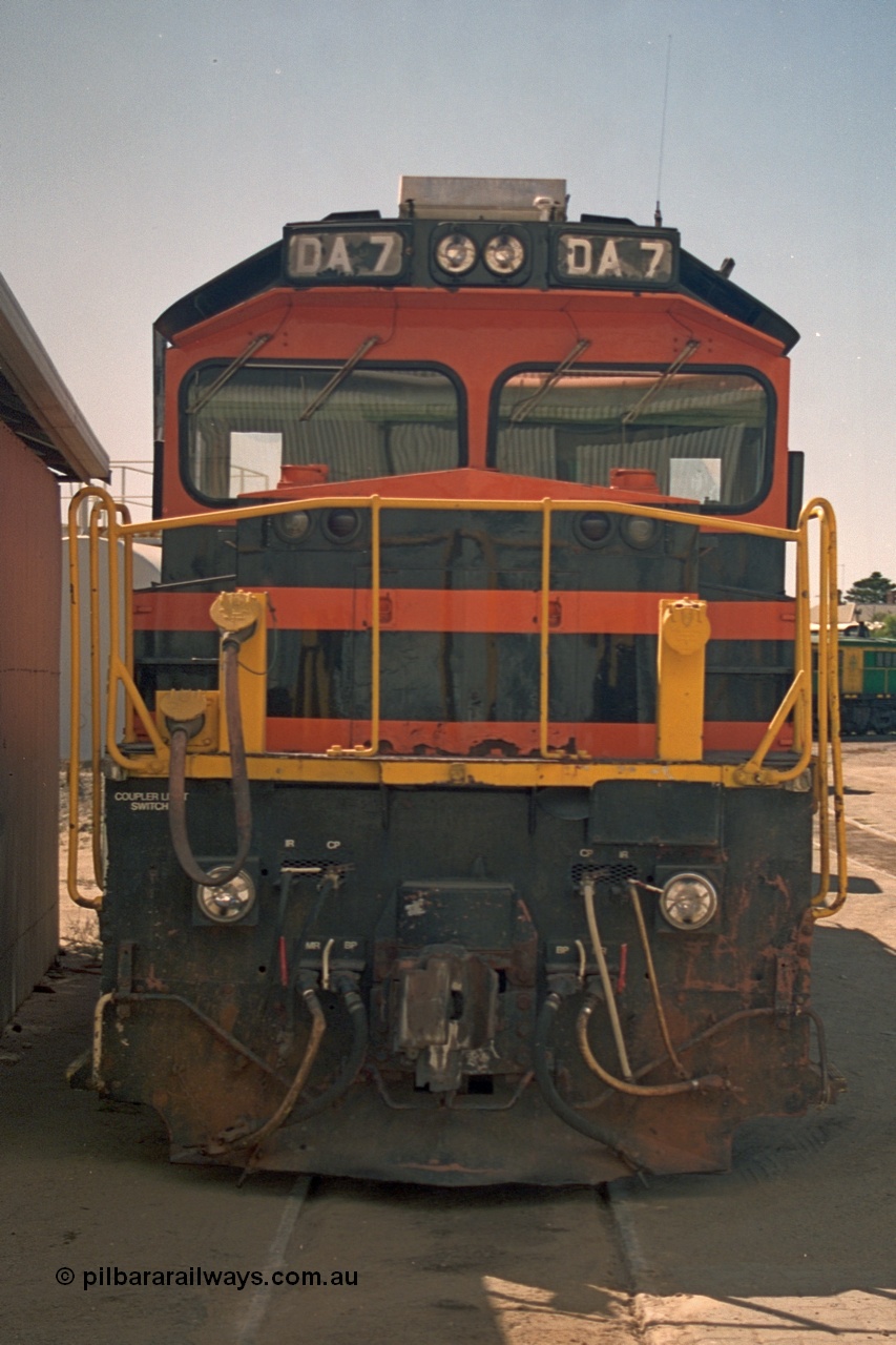 244-35
Port Lincoln loco workshops, wearing Australian Southern livery rebuild ALCo DA 7 started life as NSWGR 48 class 4813 AE Goodwin ALCo model DL531 serial 83713, rebuilt by Islington Workshops with long hood and parts from former 830 class 870 AE Goodwin ALCo model DL531 serial G6016-06 in 1998. Cab front view. 6th April 2003.
Keywords: DA-class;DA7;AE-Goodwin;ALCo;DL531;83713;rebuild;