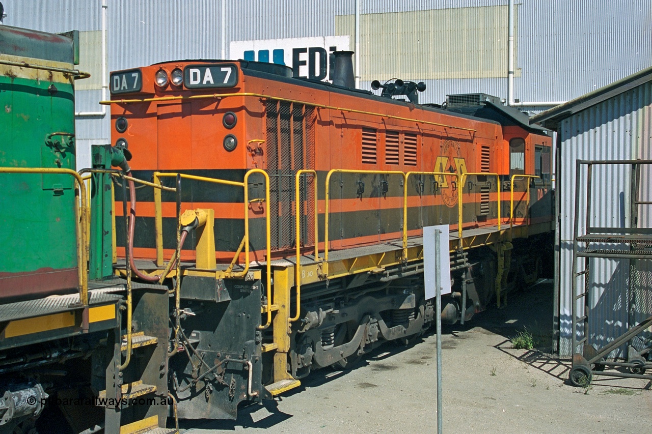 244-37
Port Lincoln loco workshops, wearing Australian Southern livery rebuild ALCo DA 7 started life as NSWGR 48 class 4813 AE Goodwin ALCo model DL531 serial 83713, rebuilt by Islington Workshops with long hood and parts from former 830 class 870 AE Goodwin ALCo model DL531 serial G6016-06 in 1998. B end roster view looking forward. 6th April 2003.
Keywords: DA-class;DA7;AE-Goodwin;ALCo;DL531;83713;rebuild;