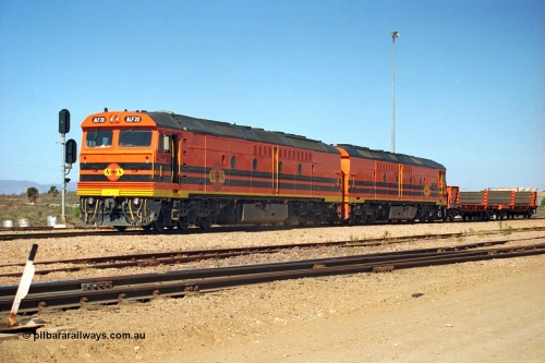 244-05
Port Augusta yard, a pair of ALF class units on the Darwin line construction shunt a rail transport waggon. ALF 20 and ALF 18 are both Morrison Knudsen rebuilds, model JT26C-2M serials 94-AN-020 and 94-AN-018.
Keywords: ALF-class;ALF18;ALF20;MKA;EMD;JT26C-2M;94-AN-018;94-AN-020;rebuild;AL-class;Clyde-Engineering;EMD;JT26C;