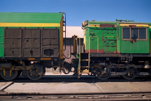 244-24
Port Lincoln loco workshops, still wearing the former owners AN livery, Australian Southern NJ class leader NJ 1 Clyde Engineering EMD model JL22C serial 71-728 coupled to 830 class 869 AE Goodwin ALCo model DL531 serial G6016-05. April 6, 2003.
Keywords: 830-class;869;AE-Goodwin;ALCo;DL531;G6016-5;