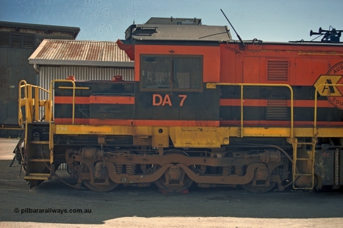 244-34
Port Lincoln loco workshops, wearing Australian Southern livery rebuild ALCo DA 7 started life as NSWGR 48 class 4813 AE Goodwin ALCo model DL531 serial 83713, rebuilt by Islington Workshops with long hood and parts from former 830 class 870 AE Goodwin ALCo model DL531 serial G6016-06 in 1998. Cab side view. April 6, 2003.
Keywords: DA-class;DA7;83713;Port-Augusta-WS;ALCo;DL531G/1;48-class;4813;rebuild;