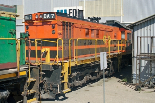 244-36
Port Lincoln loco workshops, wearing Australian Southern livery rebuild ALCo DA 7 started life as NSWGR 48 class 4813 AE Goodwin ALCo model DL531 serial 83713, rebuilt by Islington Workshops with long hood and parts from former 830 class 870 AE Goodwin ALCo model DL531 serial G6016-06 in 1998. B end roster view looking forward. April 6, 2003.
Keywords: DA-class;DA7;83713;Port-Augusta-WS;ALCo;DL531G/1;48-class;4813;rebuild;