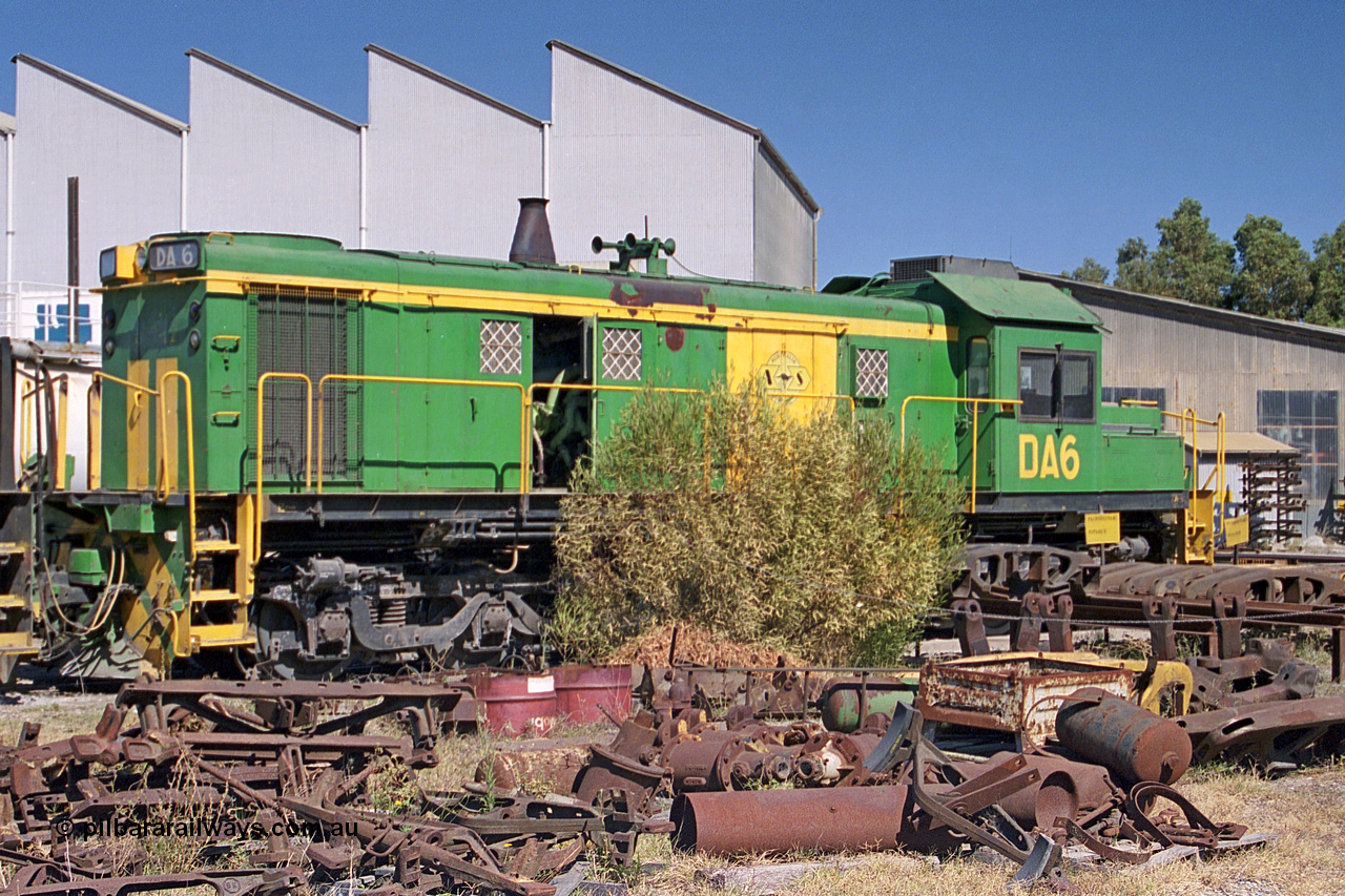 245-01
Port Lincoln loco workshops, DA 6 still wearing former owners AN livery, albeit with Australian Southern decal, this unit was rebuilt by Port Augusta Workshops in 1996 from original AE Goodwin built 830 class 836 serial number 83727 and originally delivered to broad gauge in June 1960. 6th April, 2003.
Keywords: DA-class;DA6;83727;Port-Augsta-WA;ALCo;DL531G/1;830-class;836;rebuild;