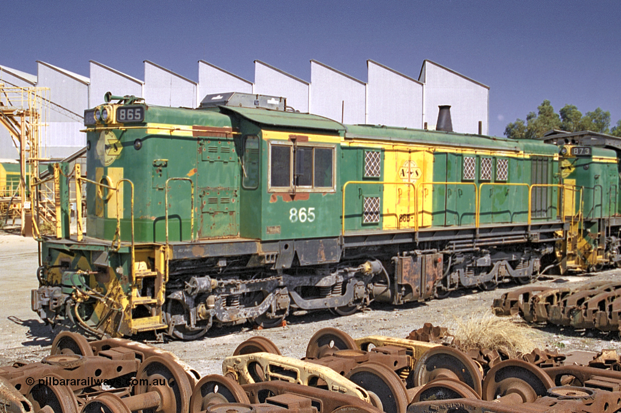 245-04
Port Lincoln loco workshops, still in former owner AN livery, Australian Southern 830 class locomotive 865 AE Goodwin ALCo model DL531 serial 84711. 6th April 2003.
Keywords: 830-class;865;84711;AE-Goodwin;ALCo;DL531;