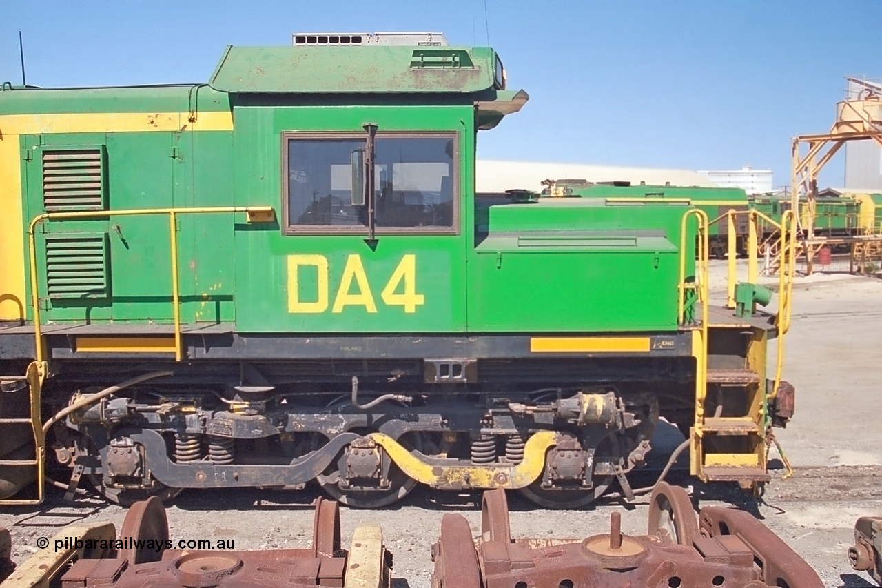 245-07
Port Lincoln loco workshops, cab side view of DA 4, former Australian National locomotive rebuilt from former AE Goodwin ALCo model DL531 830 class ex 839, serial 83730, rebuilt by Port Augusta Workshops to DA class. 6th April, 2003.
Keywords: DA-class;DA4;83730;Port-Augusta-WS;ALCo;DL531G/1;830-class;839;rebuild;