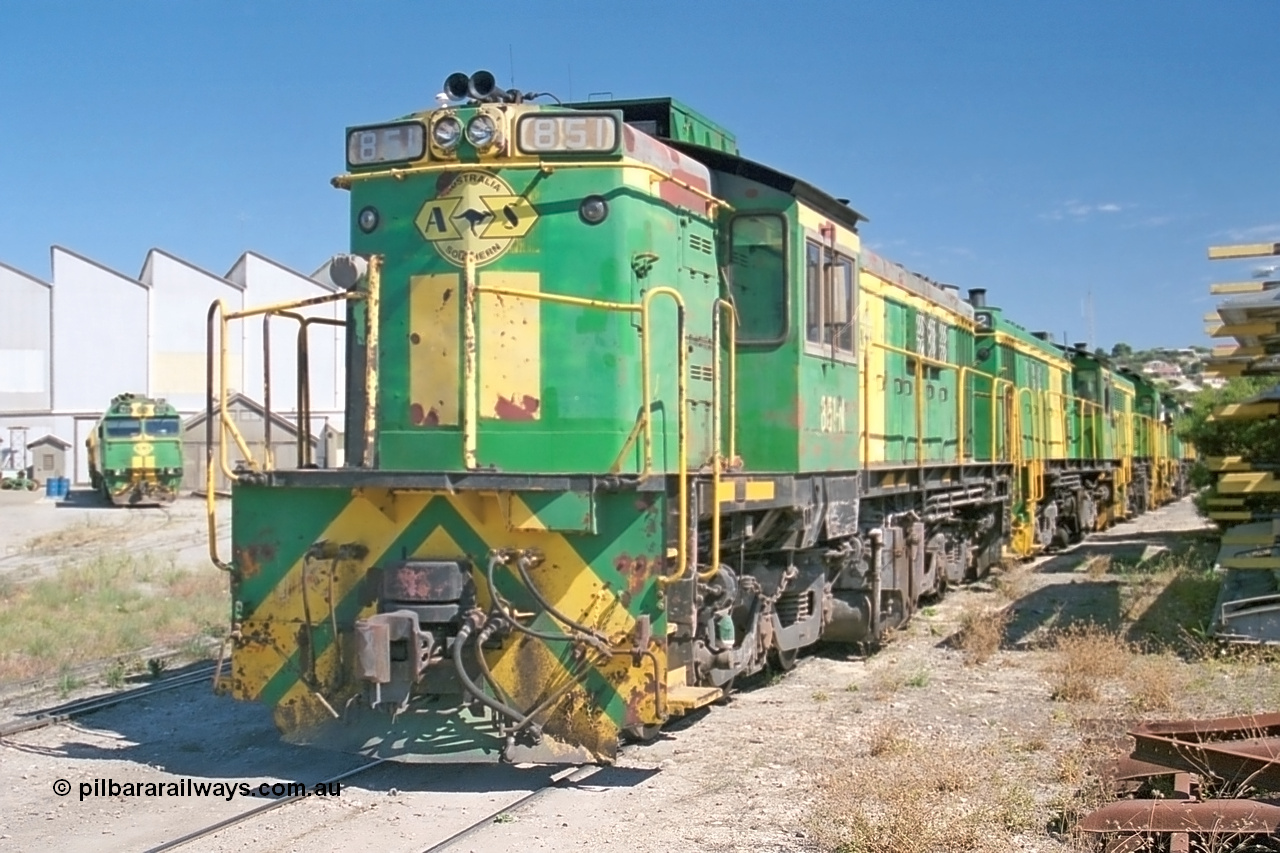 245-08
Port Lincoln loco workshops, still in former owner AN livery, Australian Southern 830 class locomotive 851 AE Goodwin ALCo model DL531 serial 84137 which has been on the Eyre Peninsula Division since being built in April 1962, stabled motive power over the weekend downtime. 6th April 2003.
Keywords: 830-class;851;84137;AE-Goodwin;ALCo;DL531;