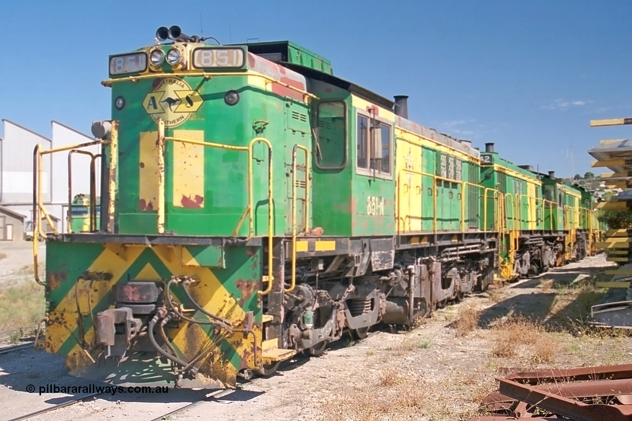 245-09
Port Lincoln loco workshops, still in former owner AN livery, Australian Southern 830 class locomotive 851 AE Goodwin ALCo model DL531 serial 84137 which has been on the Eyre Peninsula Division since being built in April 1962, stabled motive power over the weekend downtime. 6th April 2003.
Keywords: 830-class;851;84137;AE-Goodwin;ALCo;DL531;