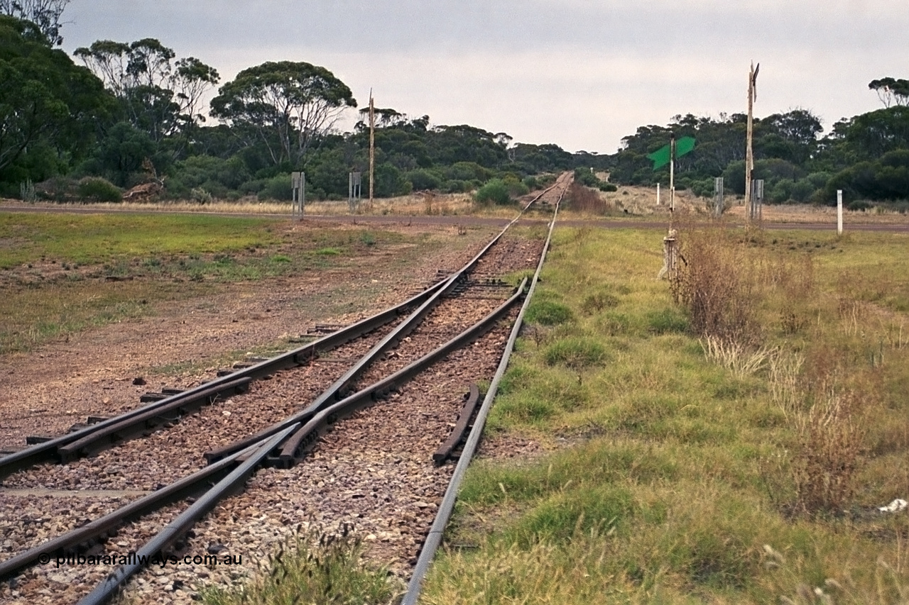 245-32
Minnipa looking in the down direction along the mainline across Burgoyne Terrace towards Poochera with goods siding #2 points and switch stand. 7th April, 2003.
