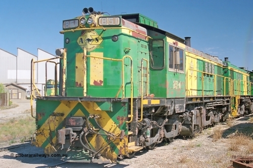 245-10
Port Lincoln loco workshops, still in former owner AN livery, Australian Southern 830 class locomotive 851 AE Goodwin ALCo model DL531 serial 84137 which has been on the Eyre Peninsula Division since being built in April 1962, roster shot coupled to sister unit. April 6, 2003.
Keywords: 830-class;851;AE-Goodwin;ALCo;DL531;84137;