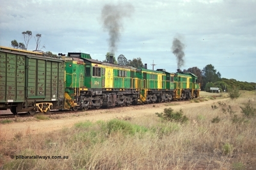 245-15
Wudinna, empty grain train shunts over Gooch Terrace as it takes a rake of waggons into the grain siding, former Australian National locomotive AE Goodwin ALCo model DL531 830 class units 851 serial 84137 has been on the Eyre Peninsula since delivered in 1962. April 7, 2003.
Keywords: 830-class;851;AE-Goodwin;ALCo;DL531;84137;