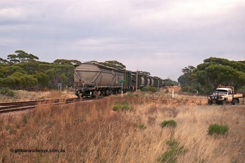 245-29
Yaninee, trailing view of an empty grain train as it trundles over Hunt Terrace with its motely collection of grain waggons as it runs 'express' through Yaninee. April 7, 2003.
