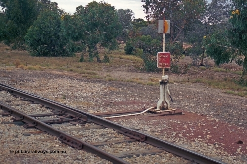 245-30
Minnipa yard, looking in the up direction at the switch stand from goods siding 2 to goods siding 3 located at the down (north) end of the yard. April 7, 2003.
