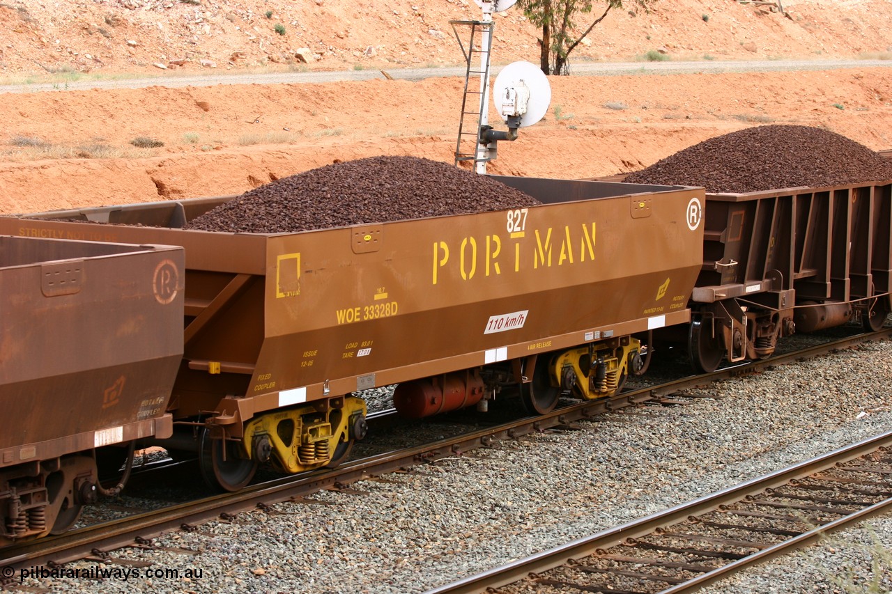 060116 2676
WOE type iron ore waggon WOE 33328 is one of a batch of one hundred and forty one built by United Goninan WA between November 2005 and April 2006 with serial number 950142-033 and fleet number 827 for Koolyanobbing iron ore operations, West Kalgoorlie 16th January 2006.
Keywords: WOE-type;WOE33328;United-Goninan-WA;950142-033;